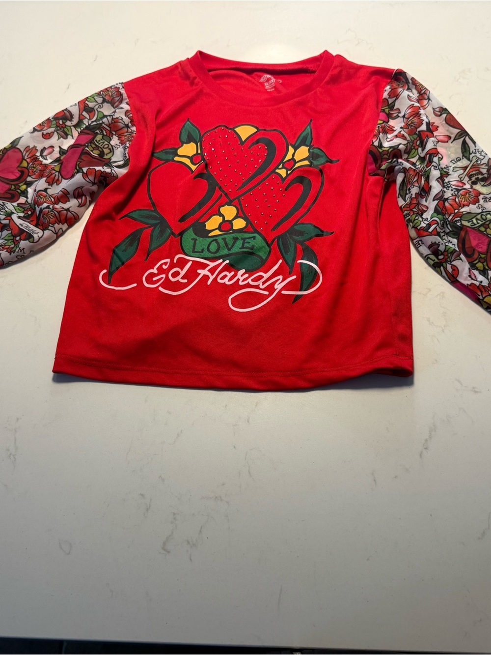 Ed Hardy Red Long Sleeve 'Love' Heart Graphic Tee with Floral Sleeves
